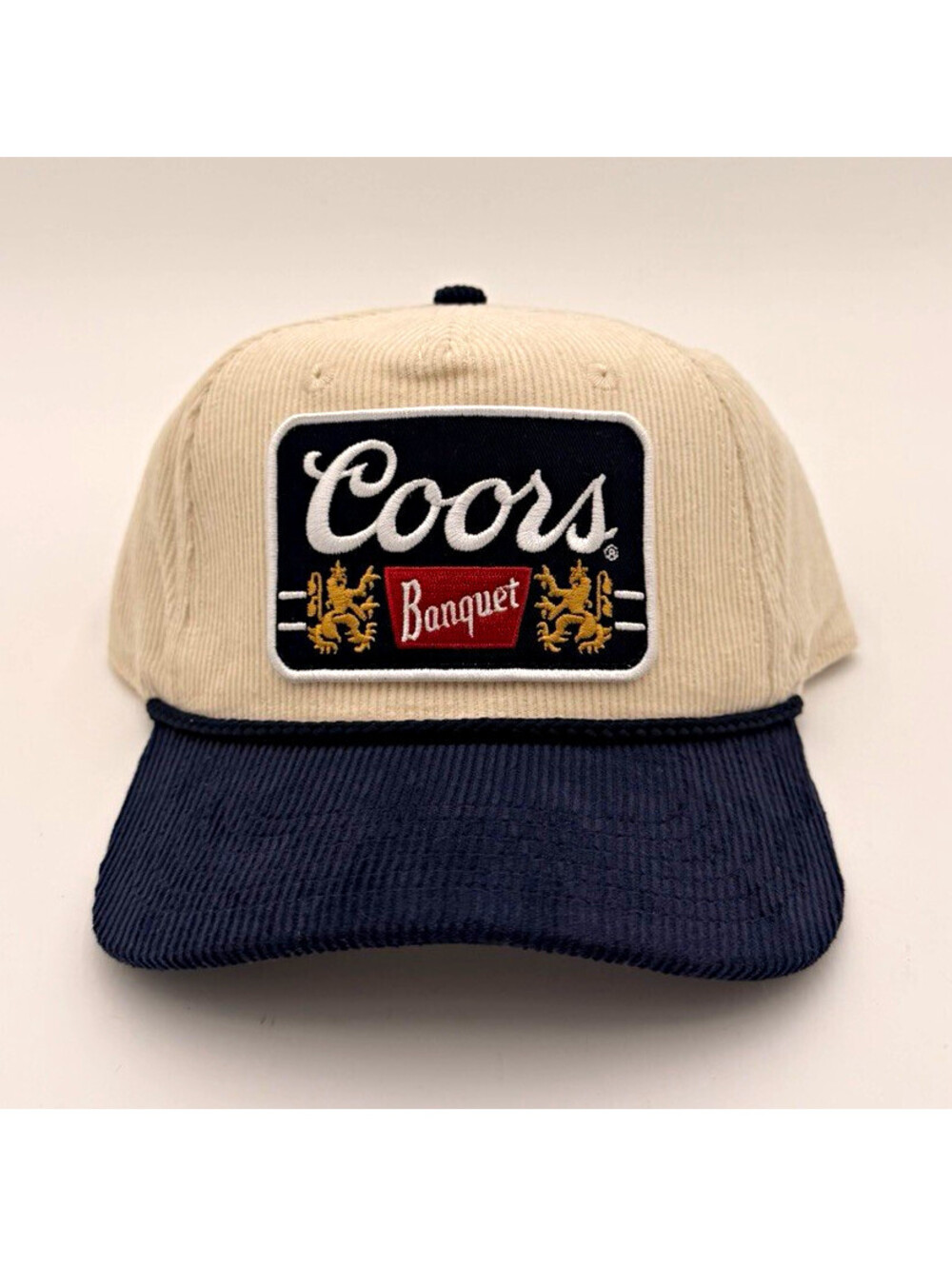 Coors Banquet Breweriana Corduroy Snapback Hat Cap, Cream/Navy vintage retro